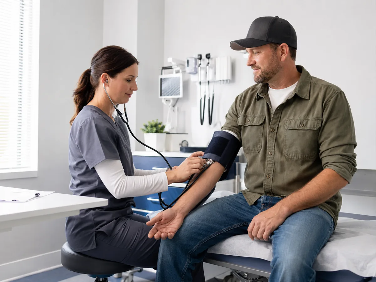 A medical professional checks a commercial driver's blood pressure.