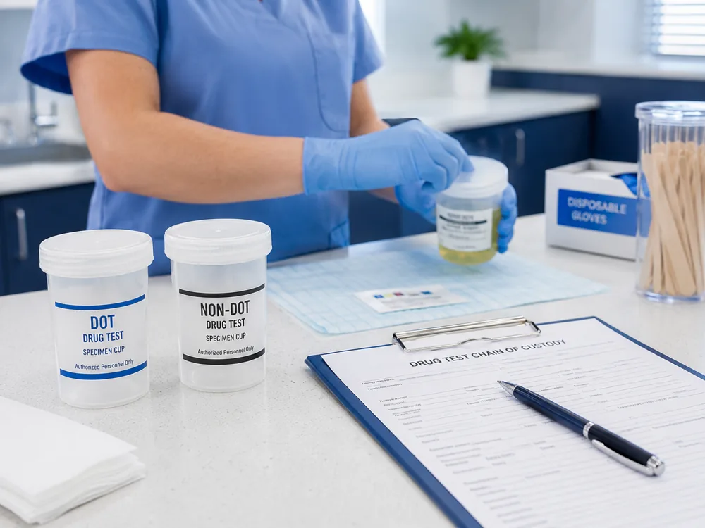Drug testing supplies and specimen collection paperwork.